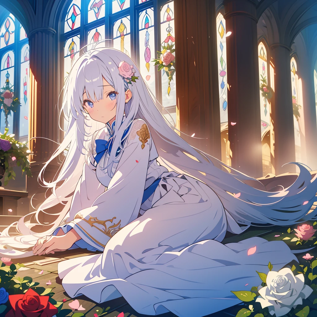 kawaii, anime, Cute, hyper quality, highly detailed, 16k, Front facing, Clarity, full body, one twenty year old woman, butler uniform, Shining long silver hair, lapis lazuli eyes, White Rose, white rose, plant, Thorns, rose vine, buried in roses, lie down, hold your hand, sad expression, big white rose, rose petals, fog of light, lean back, collapsed church, Stained glass, light shines in, statue of virgin, ruins, light pours down, lots of white roses, growing rose vine, rose thorn, white rose petals are dancing, offer a prayer, 	