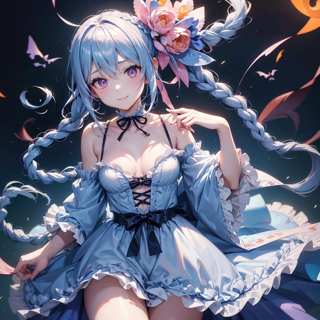 (Light blue medium hair),(Braided hair tied together)、Pink eyes、Fair skin、cowboy shot、Halloween、The background is a pumpkin ghost、Trick or Treat、A lot of sweets、Black cat、Wizard、Candy、Cosplay、A surprising smile、A dignified figure、solo、(masterpiece、Highest quality、Very detailed、Best Shadow)、(Detailed Background)、(Beautifully detailed face)、High contrast、(Best lighting、Very delicate and beautiful)、(Cinematic Light)、colorful、Hyper Detail、Dramatic Light、Exquisite detail、