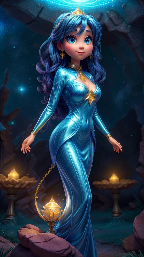 a beautiful woman in an enchanted spiritual dimension, disney style, pulsating glow, beings of light in the starry sky, blue and golden light, magical stars, realistic, photorealistic, 8k, highres, masterpiece, ultra-detailed, sharp focus, vivid colors, cinematic lighting