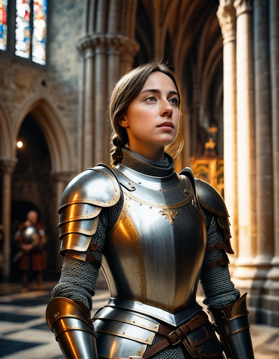 (best quality,4k,8k,highres,masterpiece:1.2),ultra-detailed,(realistic,photorealistic,photo-realistic:1.37), full body shot, Jeanne d'Arc, Joan of Arc, female knight standing inside a cathedral, short braided brown hair, historical accurate armour, heroic posture, standing, cinematic lighting, vibrant colors, great composition
