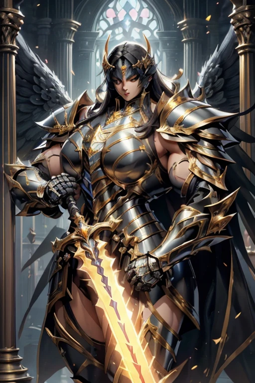 (((Massive beautiful, buff, light brown skinned muscular female saint knight with black hair, black lipstick, ginormous bulky muscles, carrying a giant sword and wearing a black Saint Seiya Gemini Armor))), ((close-up view)), large breast, massive muscles, massive biceps, hyper muscle shoulders, hyper muscle triceps, (long straight hair), orange eyes, (Paladin boots), (angel metal armor), breastplate, (angel gauntlets), (holy Shoulder armor), closed smile, (in a heavenly castle), Vascular arms, hyper muscles arms, hyper muscle legs, massive buff arms.