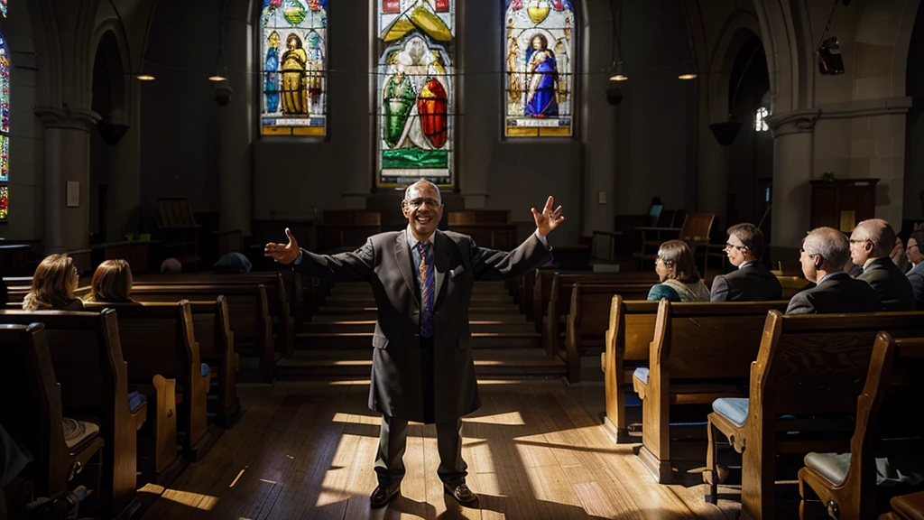 A church lit by rays of sunlight that pass through colorful stained-glass windows, with different people sitting in the pews, looking forward with expressions of hope. Focus on a smiling pastor in the pulpit, with his hands extended in a gesture of welcome. Photorealism style, high resolution.