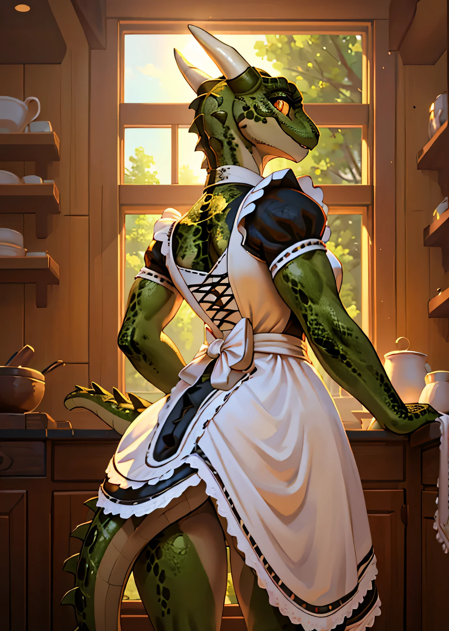 [Lusty argonian maid], ((masterpiece)), ((HD)), ((high res)), ((solo portrait)), ((back view)), ((low angle view)), ((waist up)), ((beautiful oil painting)), ((detailed shading)), ((intricate details)), {(attractive argonian), (toned slim figure), (green scaly skin), (long lizard tail), (cute yellow eyes), (long eyelashes), (defined muscles), (curvy hips), (beautiful legs), (cute smile)}, (black and white maid dress)}, {(formal stance), (looking over shoulder), (looking back at viewer)}, [ambient lighting, elder scrolls, kitchen, sun rays]