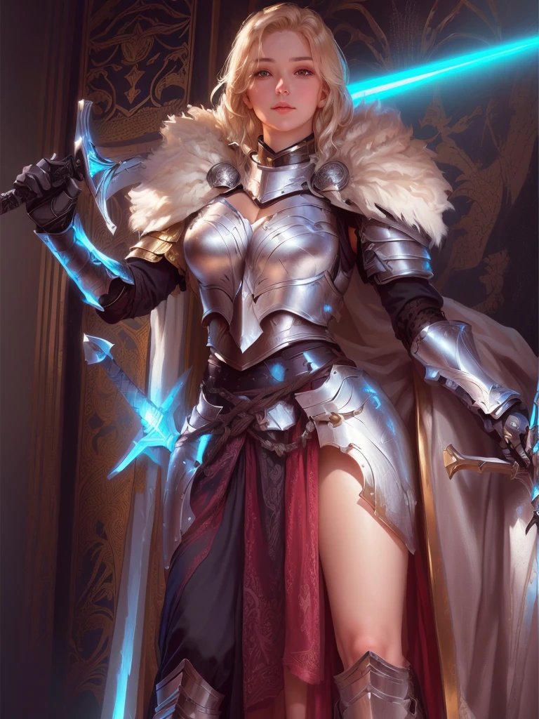 ((Best Quality, 4K, Masterpiece: 1.3)), (Detailed: 1.4), Reality, close up of a woman with blonde hair and a sword, sword behind the body, ashe, astri lohne, portrait knights of zodiac girl, celestial woman, with White uniform, Big Breast, Huge Breast, Nice Thigh, 4K, HD, Ultra Realistic, extremely detailed, perfecteyes