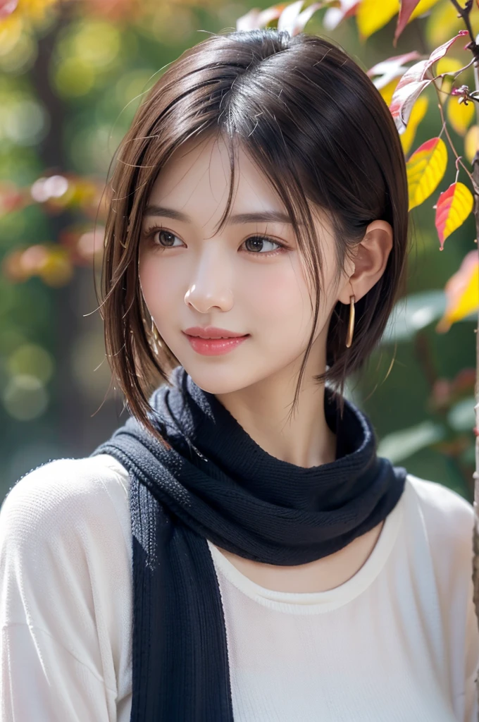 (RAW Photos), (((Overall image)))、35age、Thick red sweater、White scarf around neck、Long thin earrings、Round eyes、Cheek on ear、correct、make、smile、Biting the lower lip、(((Close one eye and wink)))、Soft lips、誘惑的なsmile、Sparkle、Darker lipstick、Cheek on nose、(Autumn leaves)、((Watery eyes))、Asymmetrical Hair、Real Skin、Blonde Hair、Very realistic,Gray Hair、Messy Hair、Hair behind the ear、Floating Hair、short hair、Boyish Hair、Blunt bangs、Drop Shadow、Hyperrealism、Contemporary Art、shine、reflected light、Nikon、Ultra Wide Angle、16K、Super detailed、最high quality、uhd、Anatomically correct、Awards、最high quality、Ultra high detail、high quality、High resolution、Textured skin、correct、masterpiece、