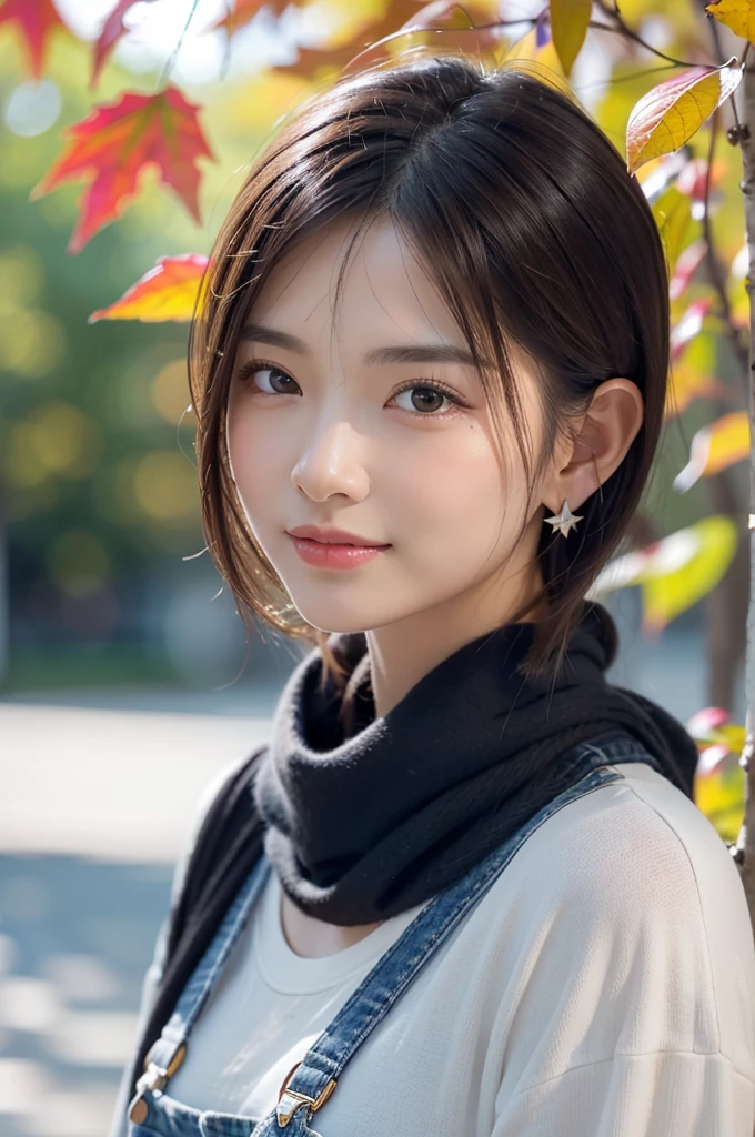 (RAW Photos), (((Overall image)))、35age、Thick red sweater、White scarf around neck、Long thin earrings、Round eyes、Cheek on ear、correct、make、smile、Biting the lower lip、(((Close one eye and wink)))、Soft lips、誘惑的なsmile、Sparkle、Darker lipstick、Cheek on nose、(Autumn leaves)、((Watery eyes))、Asymmetrical Hair、Real Skin、Blonde Hair、Very realistic,Gray Hair、Messy Hair、Hair behind the ear、Floating Hair、short hair、Boyish Hair、Blunt bangs、Drop Shadow、Hyperrealism、Contemporary Art、shine、reflected light、Nikon、Ultra Wide Angle、16K、Super detailed、最high quality、uhd、Anatomically correct、Awards、最high quality、Ultra high detail、high quality、High resolution、Textured skin、correct、masterpiece、