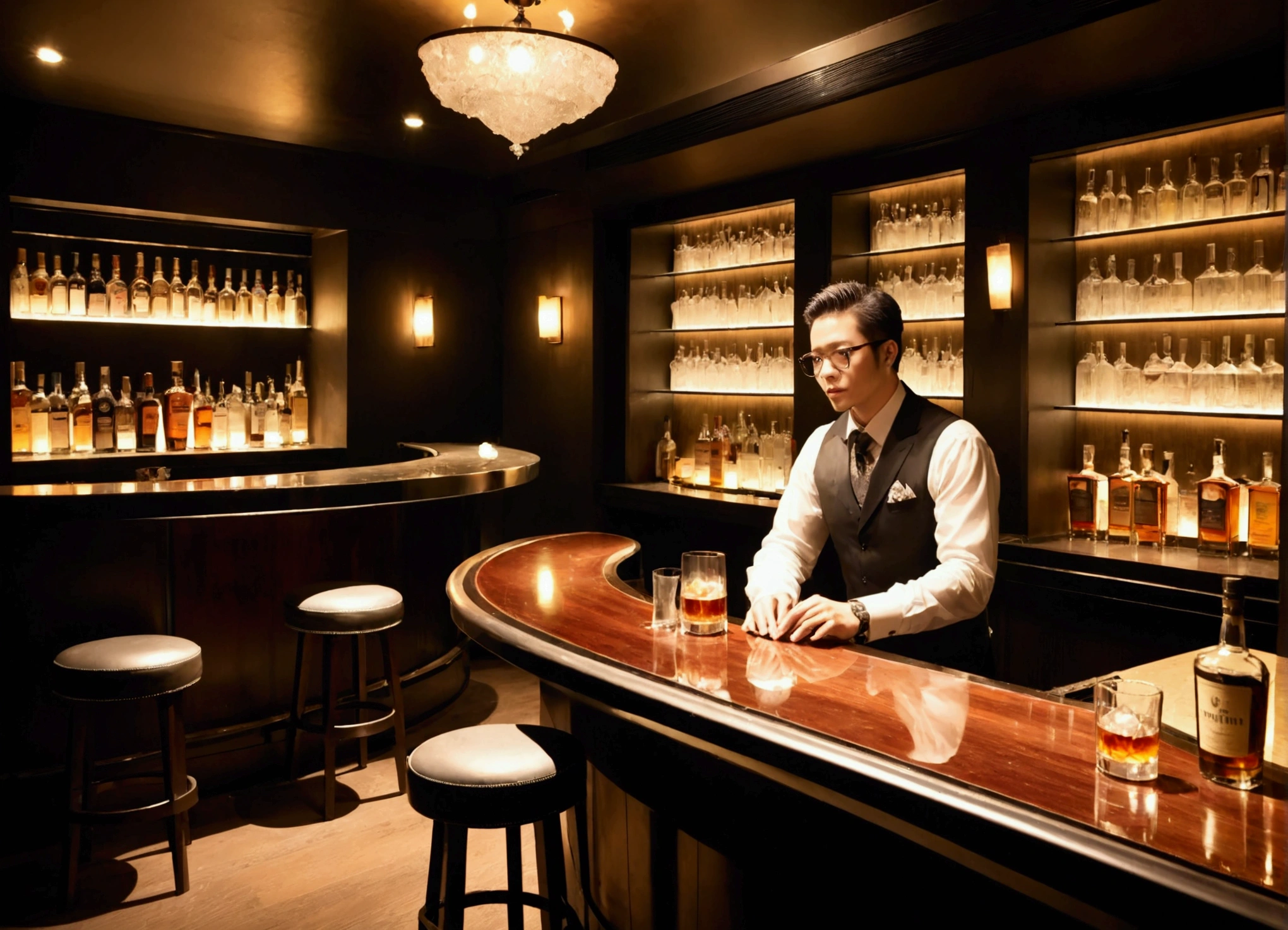 Exclusive bar、Bar counter next to the piano、Glasses and whiskey bottles on the bar counter、Water Splitting、Dimly lit room、There is a bartender at the bar counter.