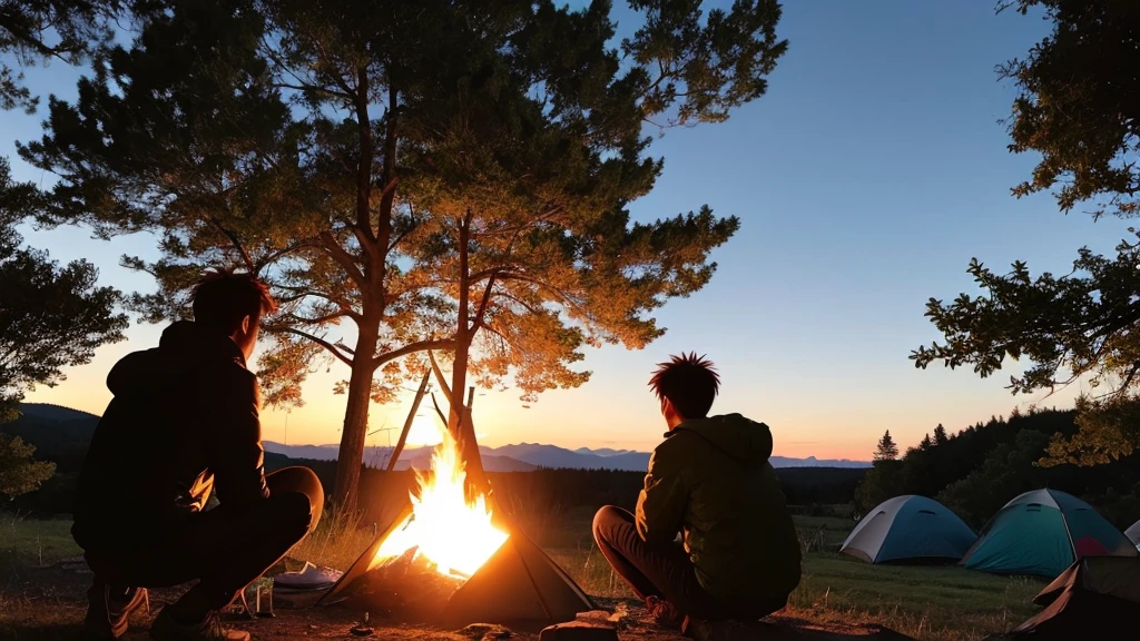 Cool male silhouette back view camping　Bonfire Anime
