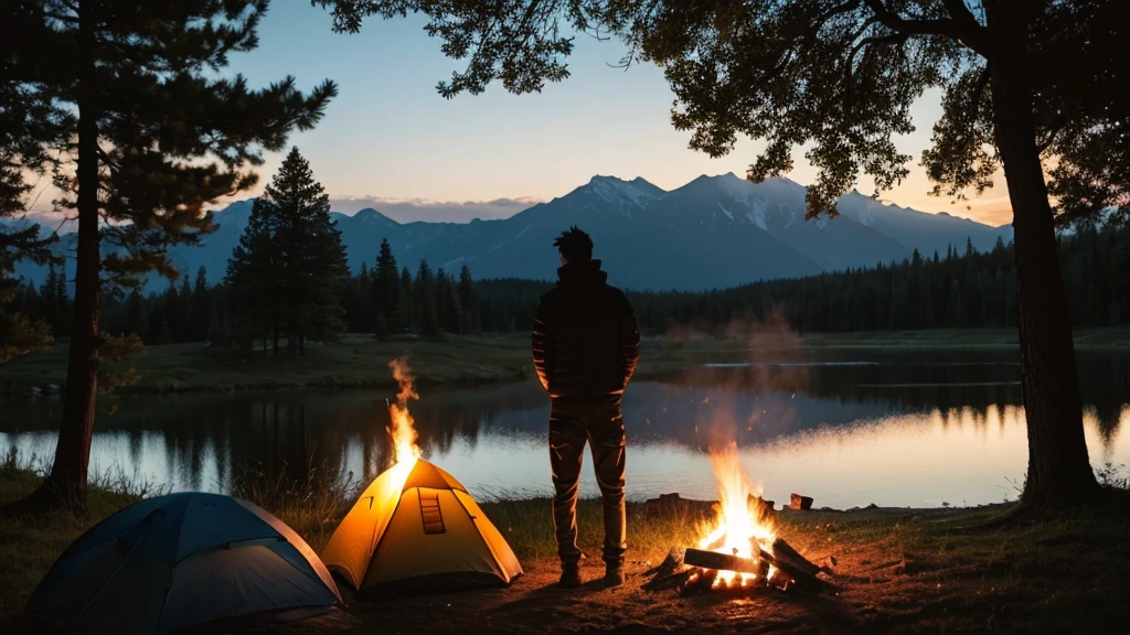 Cool male silhouette back view camping Bonfire Anime