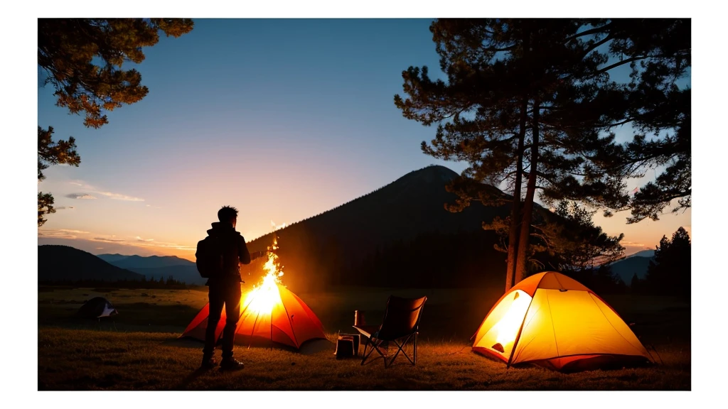 Cool male silhouette back view camping　Bonfire Anime