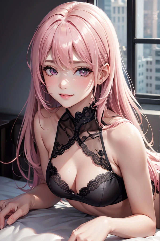 Best Quality,High resolution,8k,finelity detailed background,Masterpiece:1.2),beautiful girl,Shiny pink hair,crossed bangs,Beautiful pink eyes,Gentle look,A refreshing look,Smiling Kindly,Best quality,Best Quality,Aesthetic and aesthetic:1.2,Best details((Super detailed))(High-definition CG illustrations),Upper Body,Dark grey underwear, (dark gray,intricate lace),Slender body,night,moon,Bedroom,On the bed,smile,blush,cute,Scrounge,Looking up,Being spoiled,super model,wariza,shoot from,below