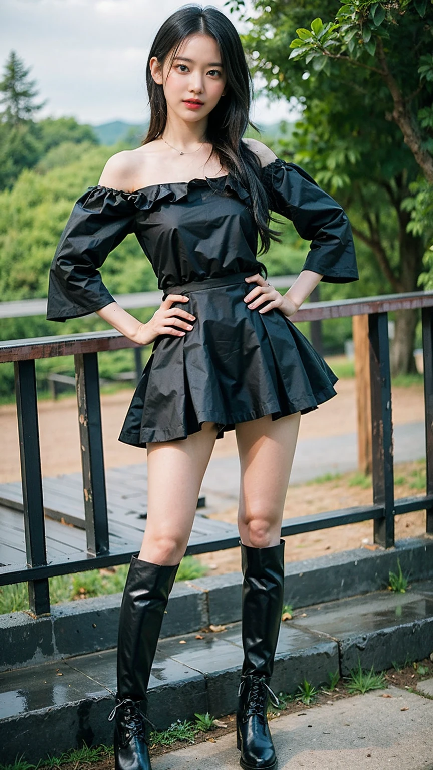 (8k、RAW Photos、Highest quality、masterpiece:1.2)、(Highest quality、Realistic)、1 Girl、((Frills、Black and pink miniskirt、Off the shoulder、Idol Costume、ribbon、See-through、Thin legs、whole body、boots、garden、View from the front、Looking into the camera、Stand with hands on hips))、cute