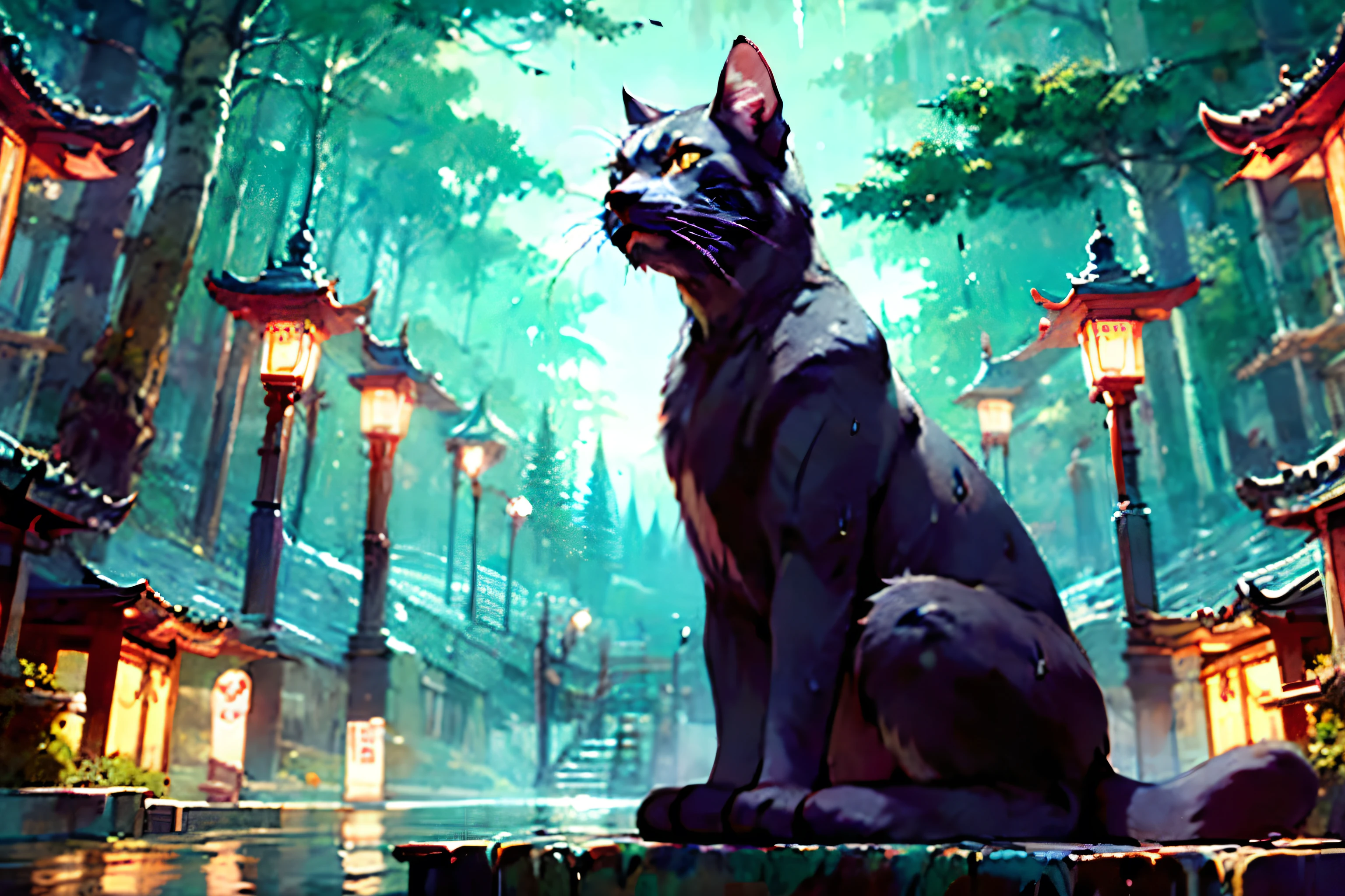 ((best quality)), ((masterpiece)), (detailed), Studio Ghibli、Wet day、in the forest、Dark Forest、in the forest、Giant black cat、One huge black cat、View here、night、shrine、Temple