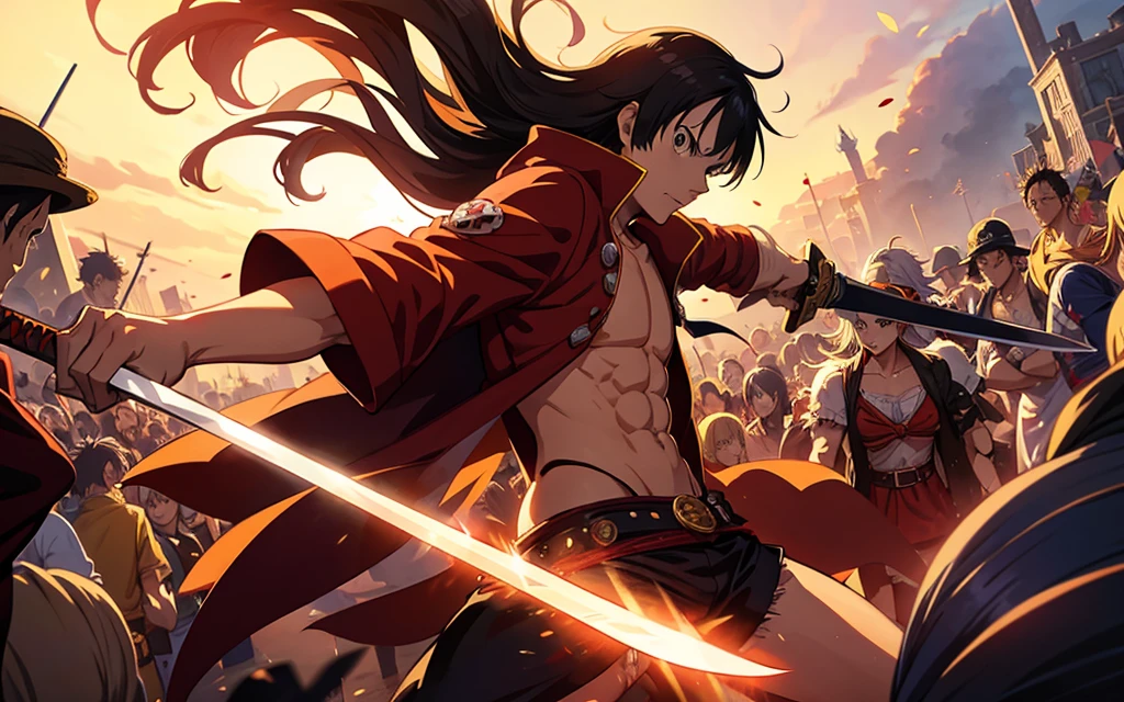 anime character with sword in a large crowd, epic anime art, one piece, Epic anime, advanced anime digital art, luffy, with red and black clothes
