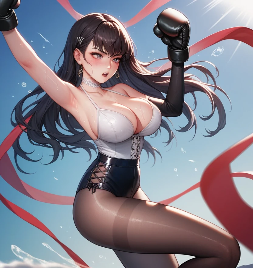 Korean beautiful girl boxer,18 years old,Pretty Face,Good shape,detailed picture, Solemn expression, blush,White long hair, Wear a love string swimsuit,Soaked,Wear black pantyhose,high-heel boots, Wearing black boxing gloves,Black sleeves on arms, Punching,Large Breasts,Cleavage,Long legs,Thin waist,nipple,