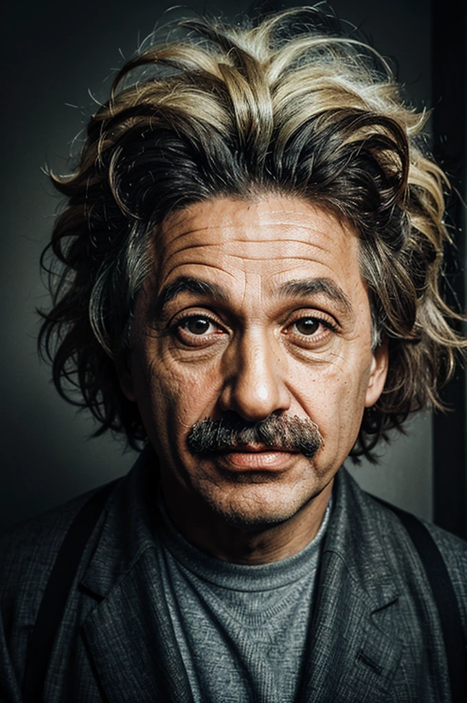 create a portrait of einstein and have a brain on his head create it as a work of art
