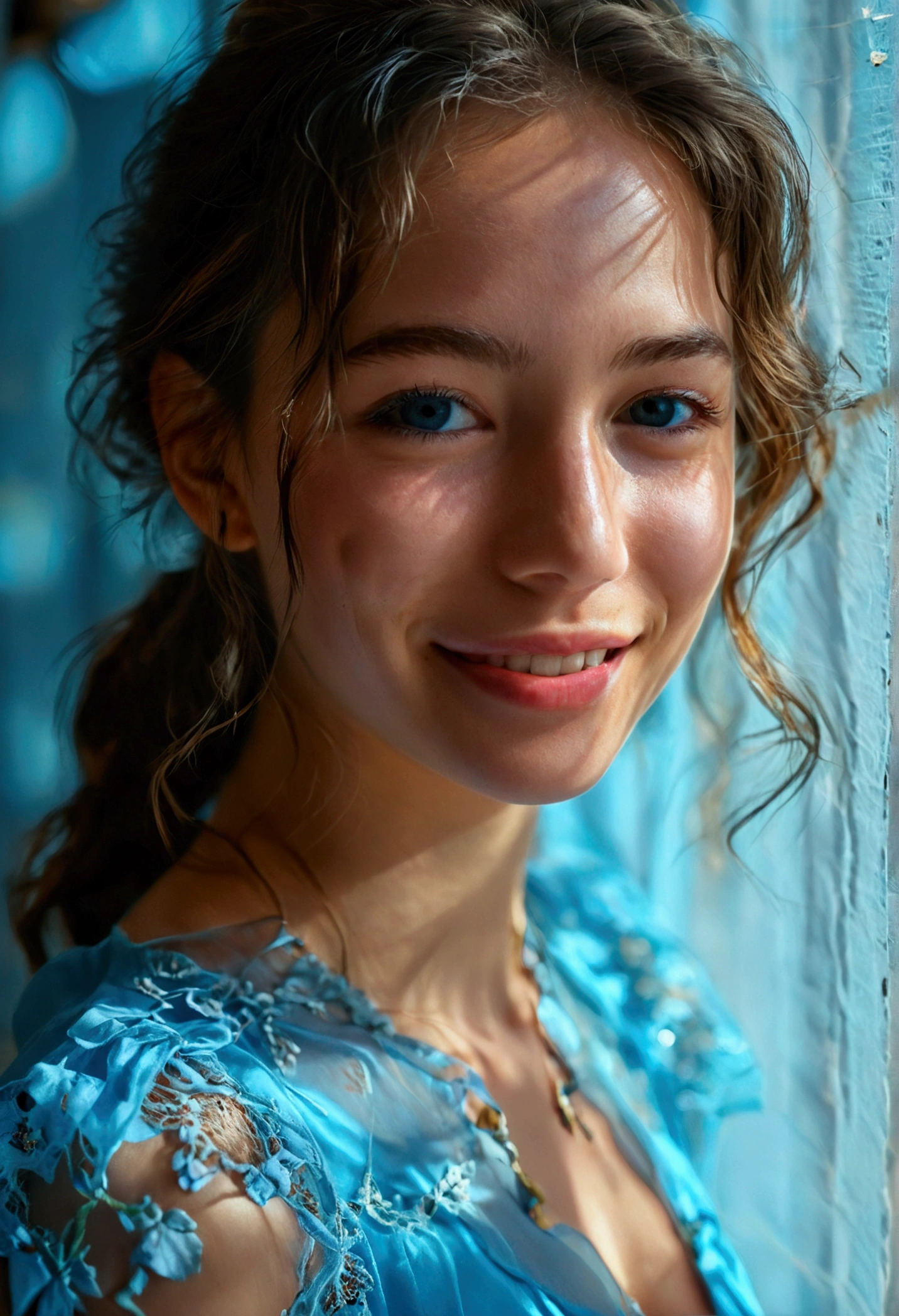 RAW photo, face portrait photo of beautiful 26 y.o woman, cute face, wearing blue dress smile face, hard shadows, cinematic shot, dramatic lighting