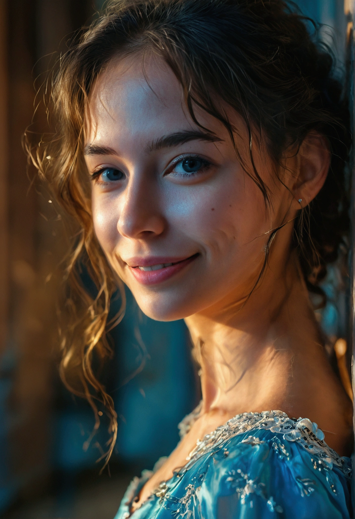 RAW photo, face portrait photo of beautiful 26 y.o woman, cute face, wearing blue dress smile face, hard shadows, cinematic shot, dramatic lighting