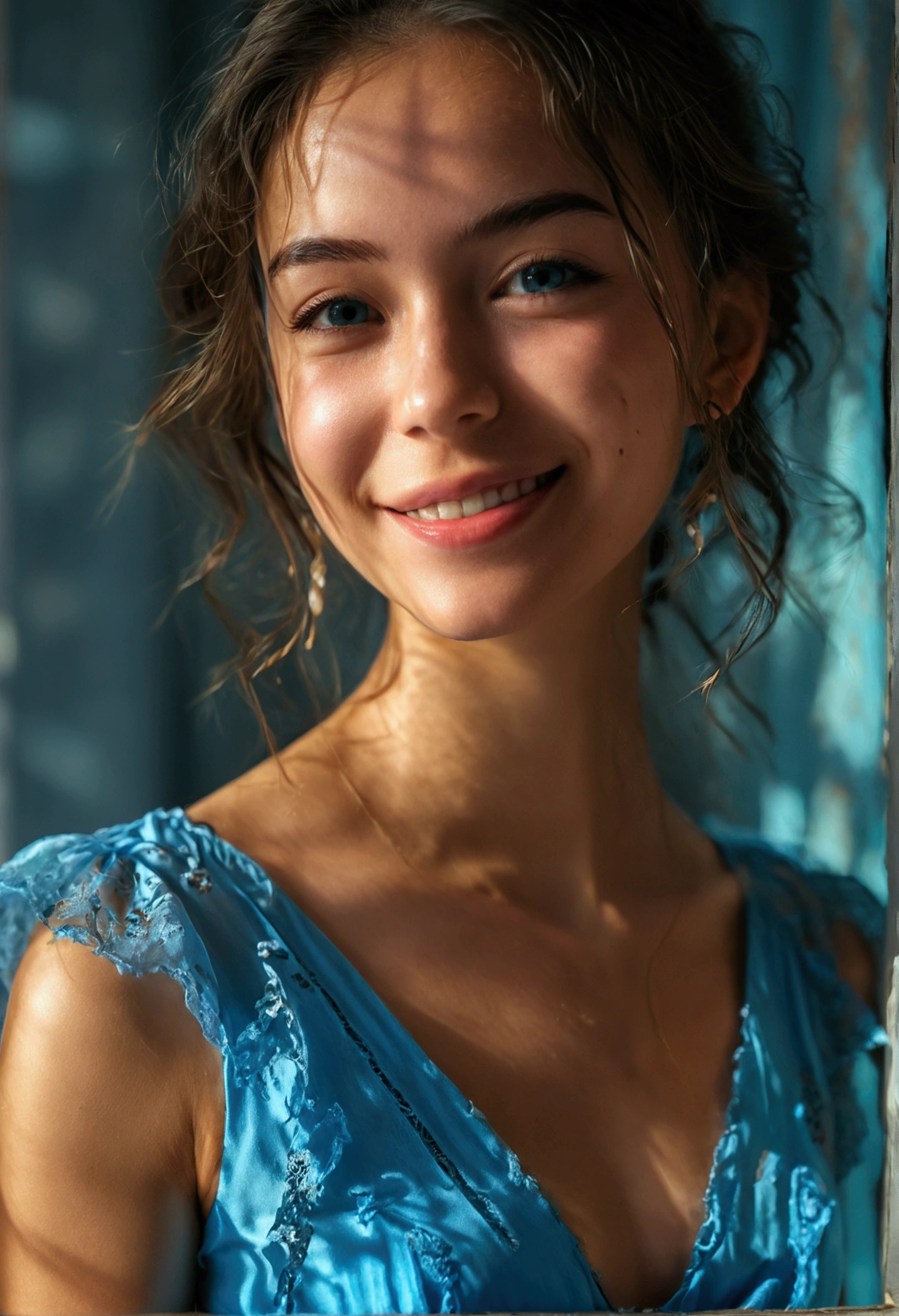 RAW photo, face portrait photo of beautiful 26 y.o woman, cute face, wearing blue dress smile face, hard shadows, cinematic shot, dramatic lighting