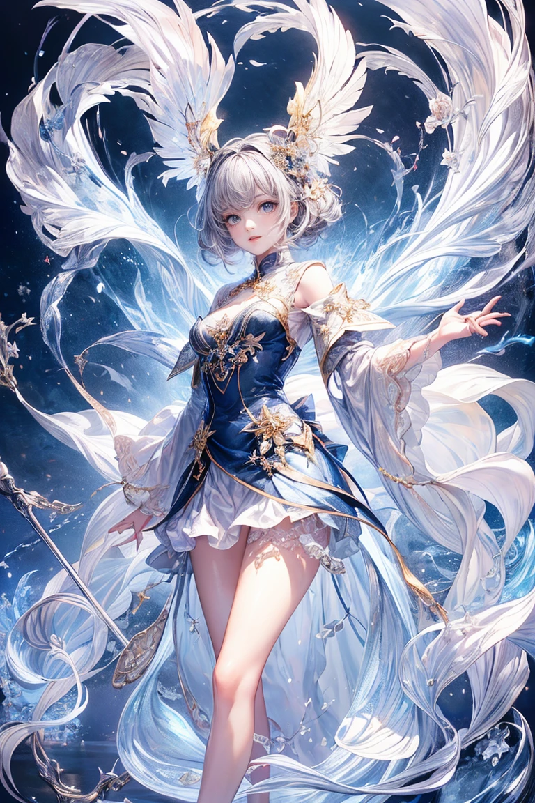 (Highest quality, 8k, CG, Beautiful and exquisite upper body, , Transparent coat dress, Star background, Complex facial features, length, Floating Hair, Almond Eye, Exquisite eye makeup, length eyelashes fluttering, Blinking big eyes, Starry Sky, Delicate lip detail, Soft and harmonious style) 、(Ultra-realistic), (An illustration), (High resolution), (8k), (Very detailed), (最高のAn illustration), (Beautiful attention to detail), (Highest quality), (Very detailed), (masterpiece、), (wallpaper), (Detailed face), alone、、、、、, One Girl, Noble attire、Gray Hair, Iridescent heterochromatic eyes, Center of chest, length legs、Great composition、Leg Knitting、Beautiful and exquisite legs、 Long, slightly curly white hair、Ankle-length dress、yello-eyes