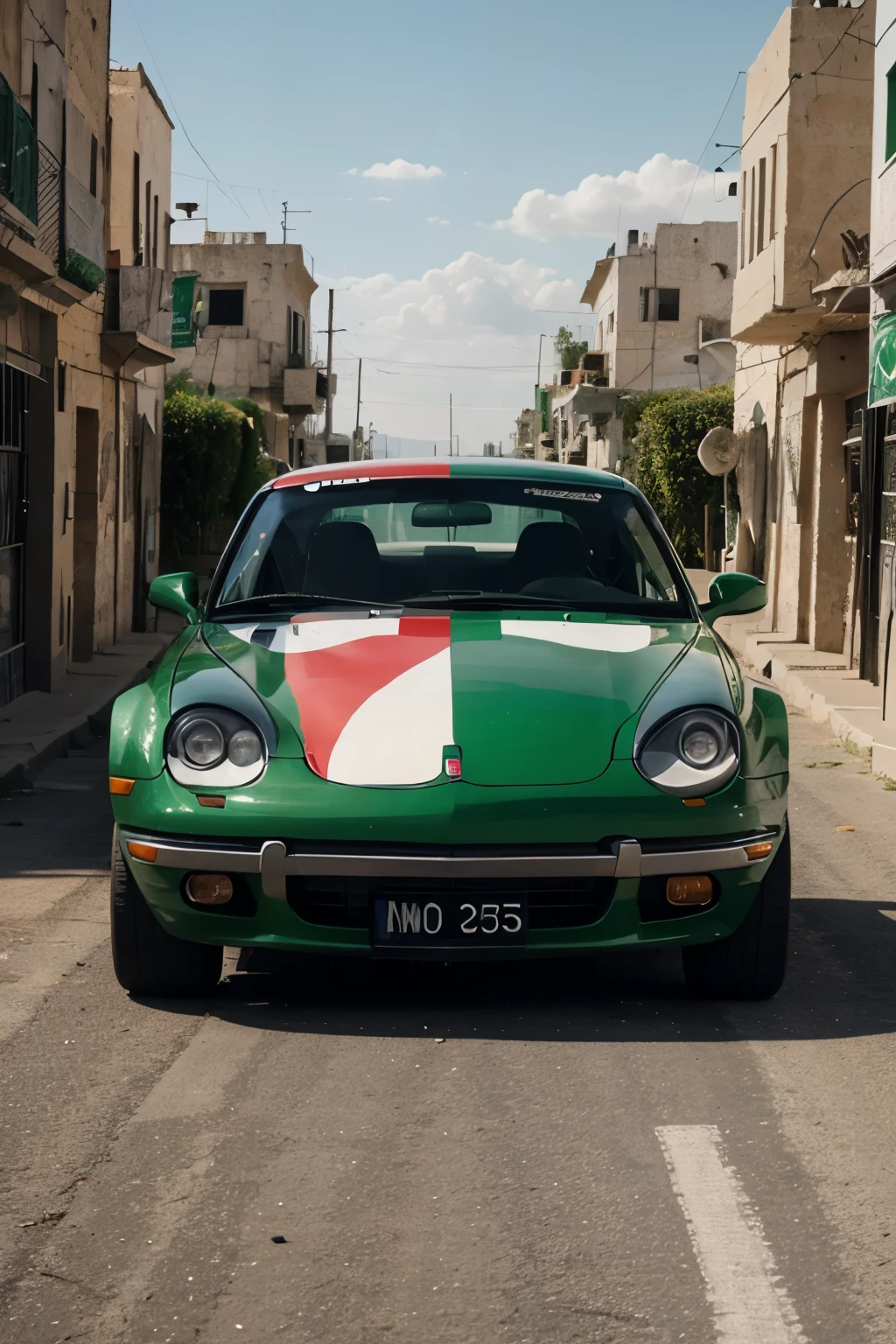 The car is in the colors of the Palestinian flag