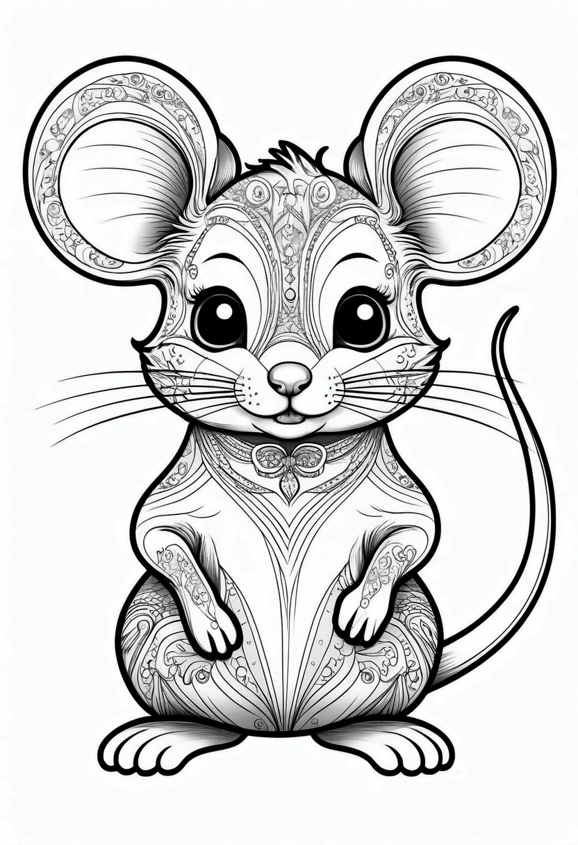 ((b&W lineart)), ((2d)), cute mouse, fancy, magie, uncanny, unusual, black andwhite, wavey lines, realistic line art, coloring book, White background, without noise, thick, crisp lines, (((Contour art)), center image, isolated on White background --v 4 - -ar2  