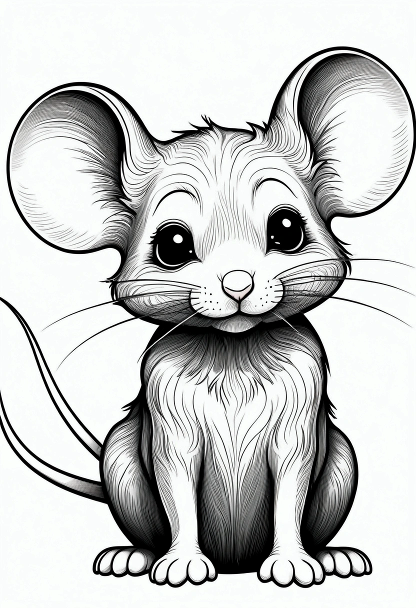((b&W lineart)), ((2d)), cute mouse, fancy, magie, uncanny, unusual, black andwhite, wavey lines, realistic line art, coloring book, White background, without noise, thick, crisp lines, (((Contour art)), center image, isolated on White background --v 4 - -ar2  