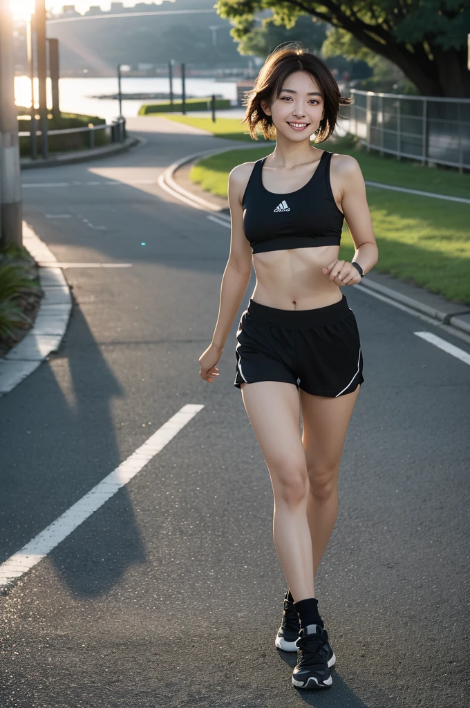 high quality,master piece,incredibly absurdres,photography,high resolution,lens flare,a girl, one girl,solo focus,alone,full body,perfect anatomy,walking,from flont,8k,raw photo,short brown hair,watch,big eyes,Japanese women,24-years-old,healthy,positive,bright,Black sporty jersey（For sports,Sports bra）Sports hats,Jogging,Beautiful Skin,Fair skin,最high quality,8k,Young and beautiful,Attractive woman,ecup bust、Large Breasts、An innocent smile、smile、teeth、The background is the city、Riverbank、Turf、morning、morning焼け、The sun is starting to rise、5:30AM、one girl、one girl,one girl,very nice lady,one girl