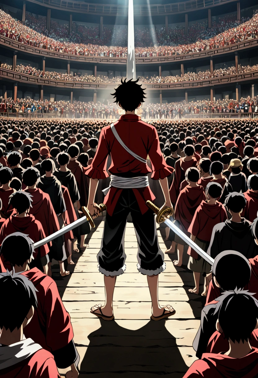 anime character with sword in a large crowd, epic anime art, one piece, Epic anime, advanced anime digital art, luffy, with red and black clothes