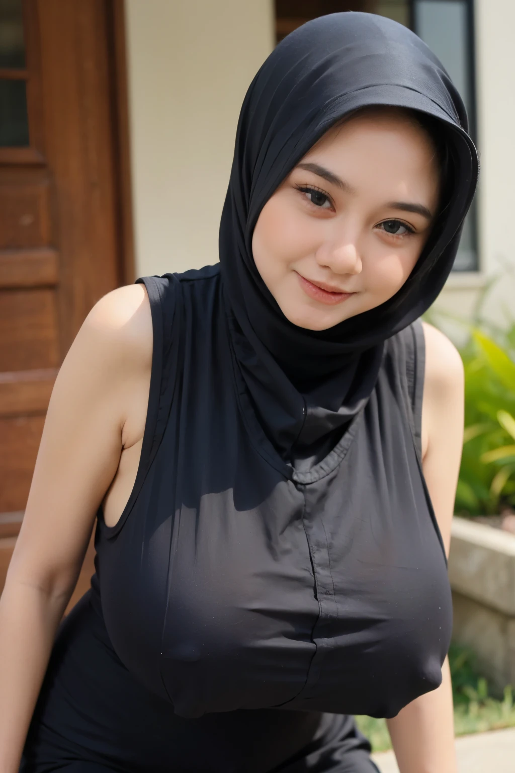 (((Singlet))), (((Old lady:1.6))), (((HIJABS Stylish))), adorable, 1 girl, (face to face), , baby face, happy, medium portrait, (face details: 1), (eye details:1), ((naked big br)). weparent transparency mini apron, .. Cute posed. proportional body. Ultra High Res. realistic: 1.4, UHD , lace
