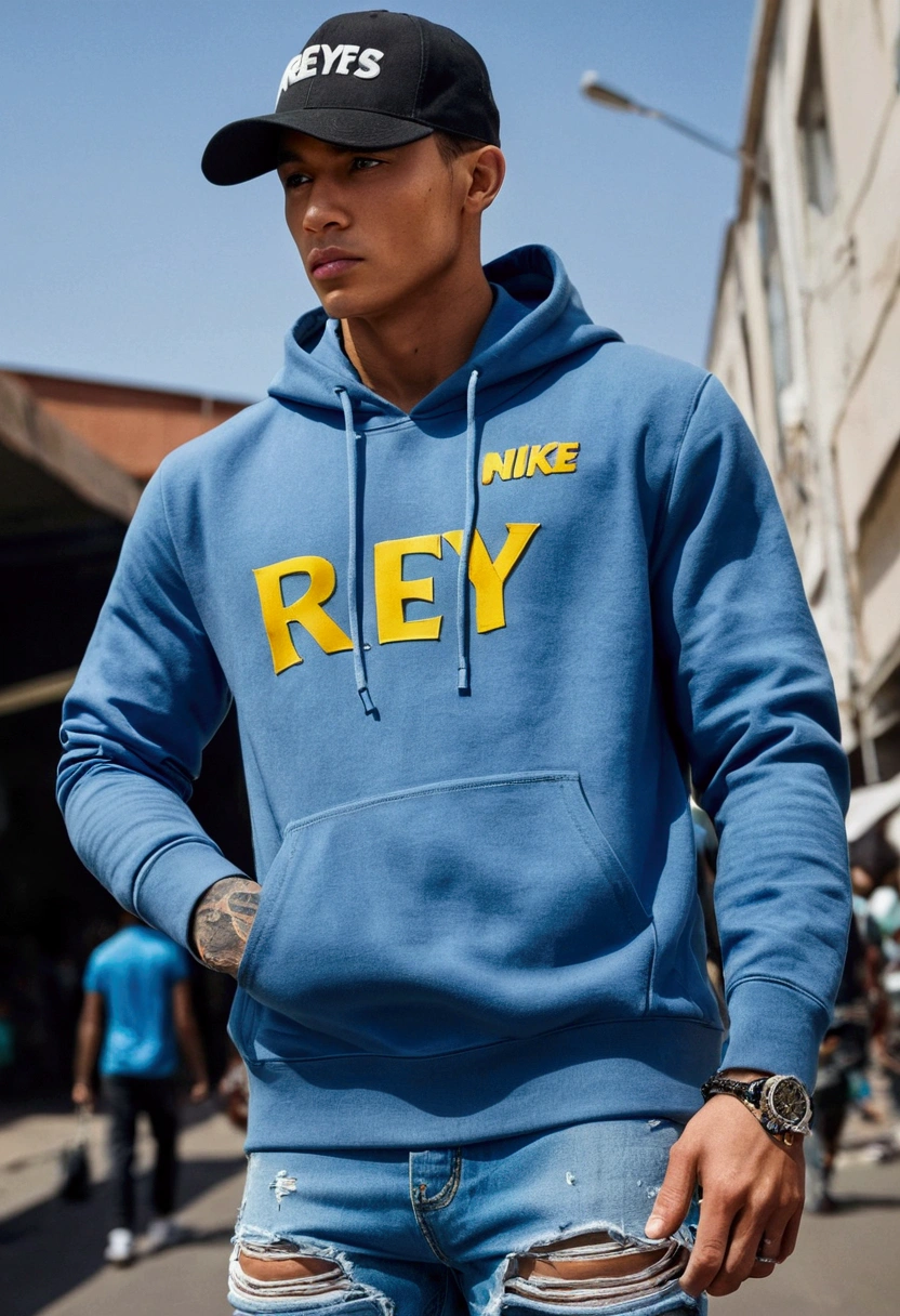 Realistic macro photo of a man wearing a clean hoodie and ripped blue pants.on the front of the jacket is the name REY.
Men also wear Nike shoes and hats while carrying snipers with sexy women against the market background