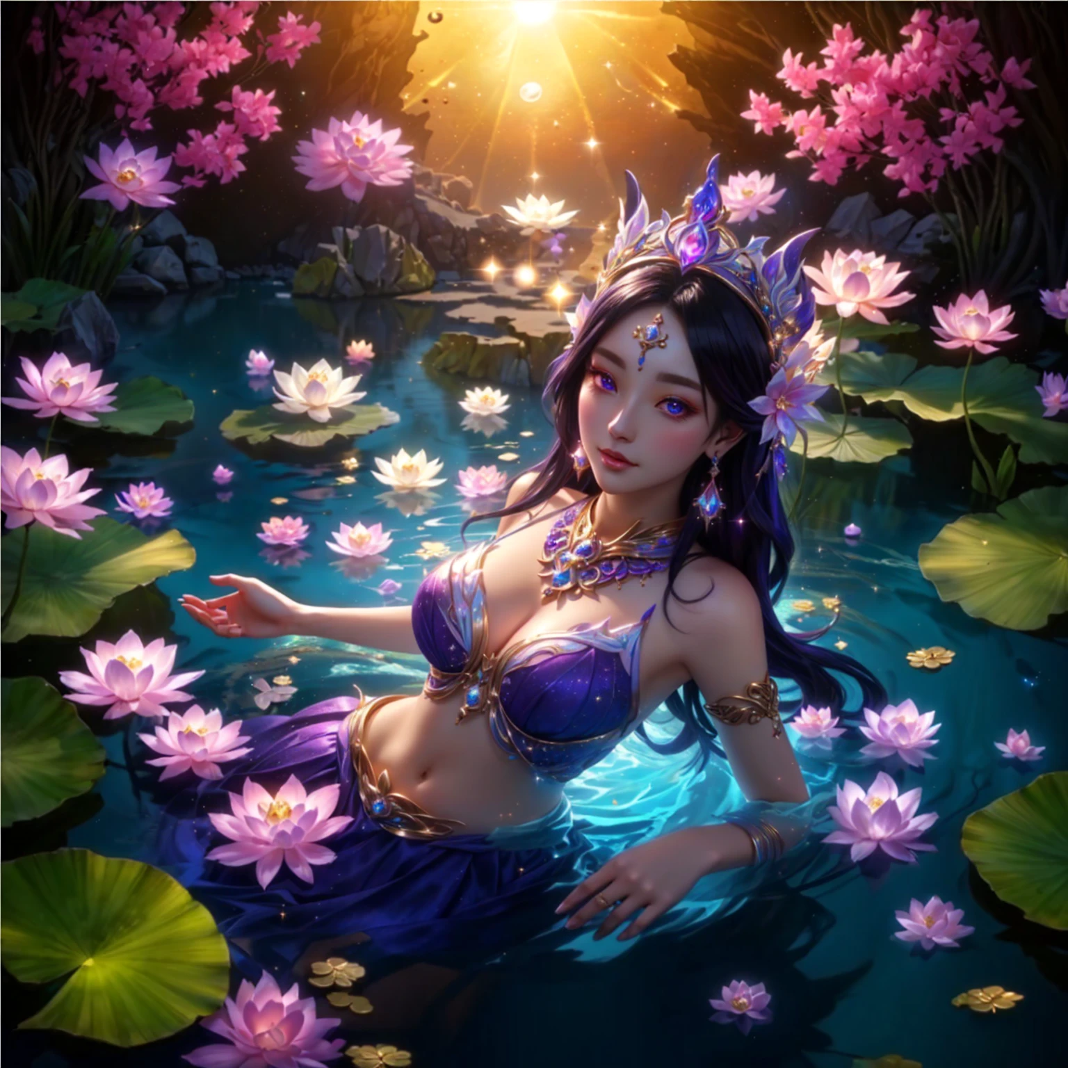 woman , Eyes are dark blue and purple. , pink mouth ,Dressed in gold, standing in front of a crescent moon., goddess of heaven, goddess of the moon, anime goddess, beautiful heavenly mage, lunar goddess, Moon Goddess, Golden Lotus Princess, Goddess of the Galaxy, Beautiful Fantasy Empress, ((Beautiful Fantasy Empress)), Goddess and Moon, As the sun goddess,, Goddess of space and time , , Fine gold jewelry