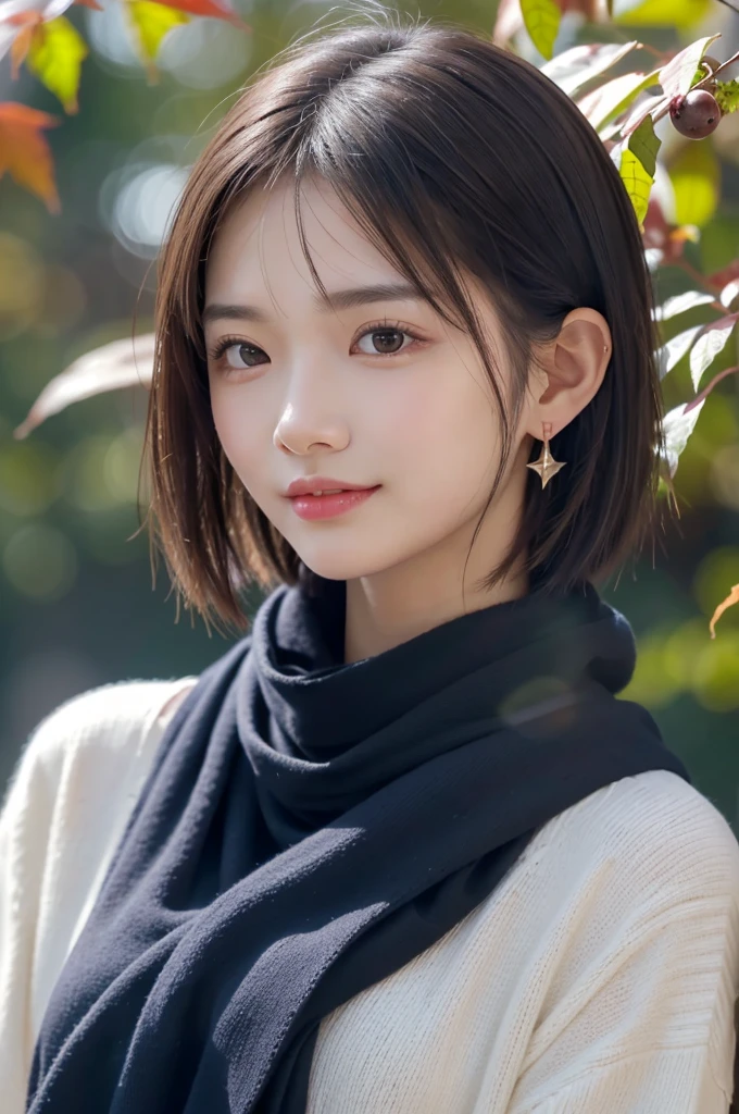 (RAW Photos), (((Overall image)))、35age、Thick red sweater、White scarf around neck、Long thin earrings、Round eyes、Cheek on ear、correct、make、smile、Biting the lower lip、(((Close one eye and wink)))、Soft lips、誘惑的なsmile、Sparkle、Darker lipstick、Cheek on nose、(Autumn leaves)、((Watery eyes))、Asymmetrical Hair、Real Skin、Blonde Hair、Very realistic,Gray Hair、Messy Hair、Hair behind the ear、Floating Hair、short hair、Boyish Hair、Blunt bangs、Drop Shadow、Hyperrealism、Contemporary Art、shine、reflected light、Nikon、Ultra Wide Angle、16K、Super detailed、最high quality、uhd、Anatomically correct、Awards、最high quality、Ultra high detail、high quality、High resolution、Textured skin、correct、masterpiece、