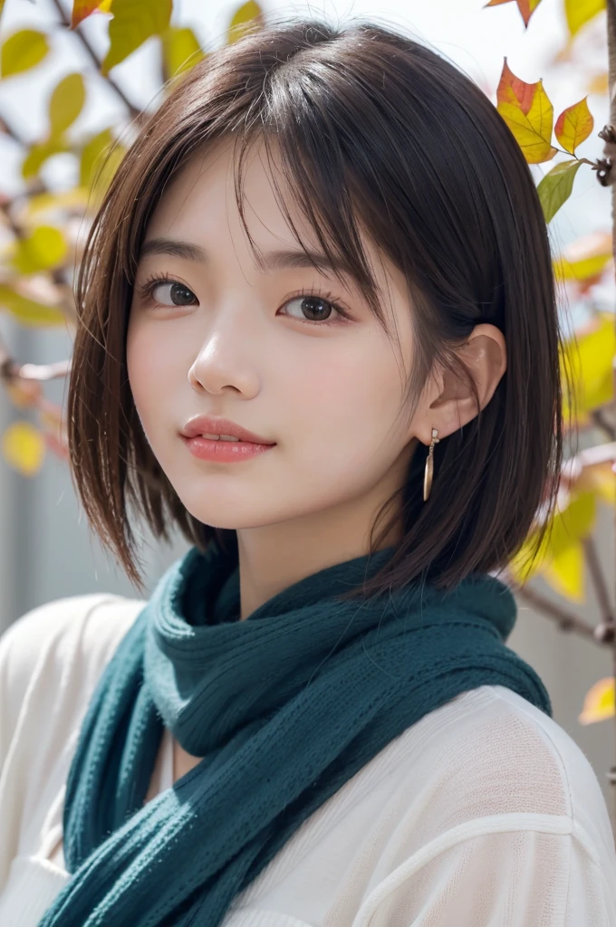 (RAW Photos), (((Overall image)))、３５age、Thick red sweater、White scarf around neck、Long thin earrings、Round eyes、Cheek on ear、correct、make、smile、Biting the lower lip、（((Close one eye and wink)))、Soft lips、誘惑的なsmile、Sparkle、Darker lipstick、Cheek on nose、(Autumn leaves)、((Watery eyes))、Asymmetrical Hair、Real Skin、Blonde Hair、Very realistic,Gray Hair、Messy Hair、Hair behind the ear、Floating Hair、short hair、Boyish Hair、Blunt bangs、Drop Shadow、Hyperrealism、Contemporary Art、shine、reflected light、Nikon、Ultra Wide Angle、16K、Super detailed、最high quality、uhd、Anatomically correct、Awards、最high quality、Ultra high detail、high quality、High resolution、Textured skin、correct、masterpiece、