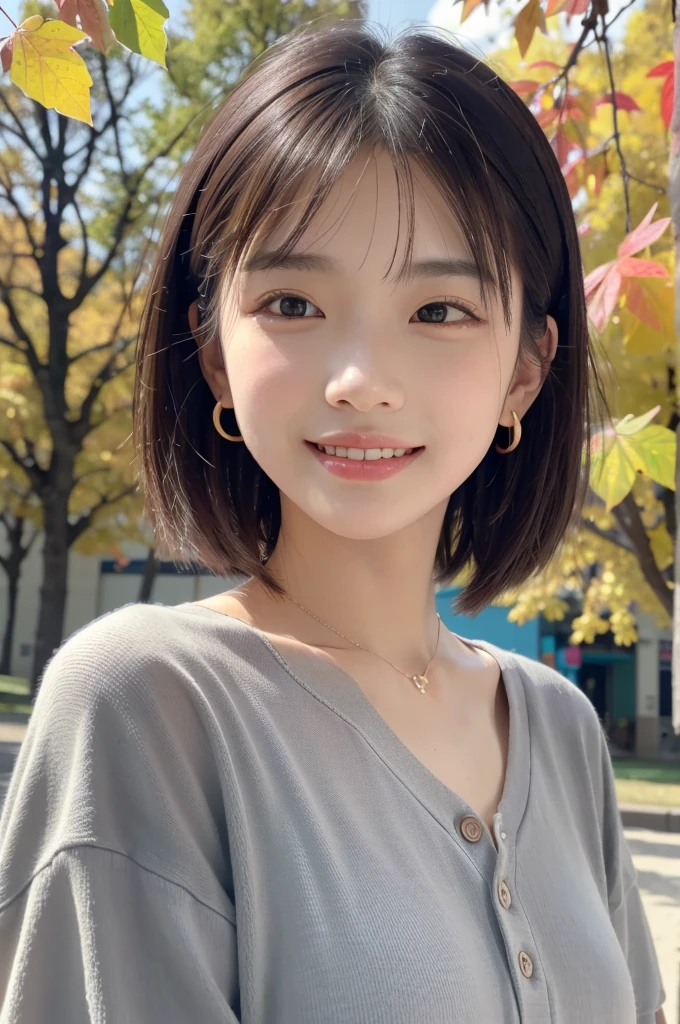 (RAW Photos), (((Overall image)))、35age、Thick red sweater、White scarf around neck、Long thin earrings、Round eyes、Cheek on ear、correct、make、smile、Biting the lower lip、(((Close one eye and wink)))、Soft lips、誘惑的なsmile、Sparkle、Darker lipstick、Cheek on nose、(Autumn leaves)、((Watery eyes))、Asymmetrical Hair、Real Skin、Blonde Hair、Very realistic,Gray Hair、Messy Hair、Hair behind the ear、Floating Hair、short hair、Boyish Hair、Blunt bangs、Drop Shadow、Hyperrealism、Contemporary Art、shine、reflected light、Nikon、Ultra Wide Angle、16K、Super detailed、最high quality、uhd、Anatomically correct、Awards、最high quality、Ultra high detail、high quality、High resolution、Textured skin、correct、masterpiece、