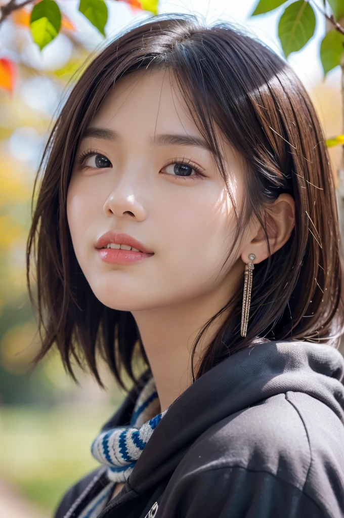 (RAW Photos), (((Overall image)))、35age、Thick red sweater、White scarf around neck、Long thin earrings、Round eyes、Cheek on ear、correct、make、smile、Biting the lower lip、(((Close one eye and wink)))、Soft lips、誘惑的なsmile、Sparkle、Darker lipstick、Cheek on nose、(Autumn leaves)、((Watery eyes))、Asymmetrical Hair、Real Skin、Blonde Hair、Very realistic,Gray Hair、Messy Hair、Hair behind the ear、Floating Hair、short hair、Boyish Hair、Blunt bangs、Drop Shadow、Hyperrealism、Contemporary Art、shine、reflected light、Nikon、Ultra Wide Angle、16K、Super detailed、最high quality、uhd、Anatomically correct、Awards、最high quality、Ultra high detail、high quality、High resolution、Textured skin、correct、masterpiece、