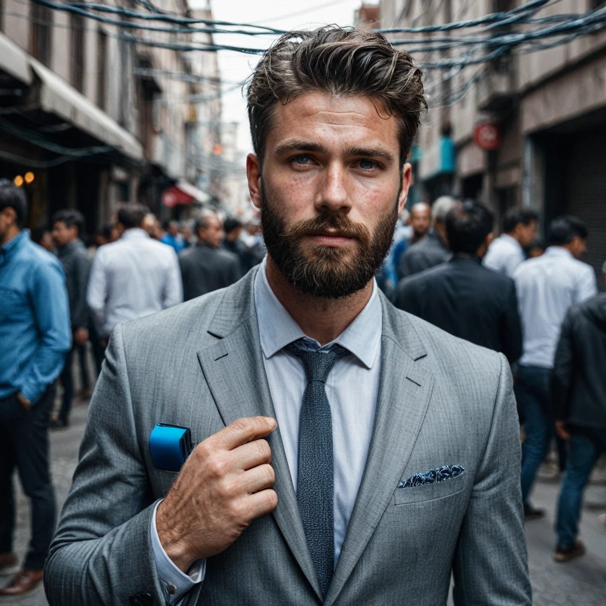 RAW photo, full body portrait of a beautiful man with a beard in a grey suite, he stands in a crowded street with tangled power cables, full sharp, detailed face, blue eyes, (high detailed skin:1.2), 8k uhd, dslr, soft lighting, high quality, film grain, Fujifilm XT3 dappled light on face, pale skin, skin pores, oiled shiny skin, skin blemish, imperfect skin, intricate skin details, visible skin detail, detailed skin texture, blush, wrinkles, vitiligo spots, moles, whiteheads, blackhead, white pimples, red pimples, beauty spot, skin fuzz, [[[[[freckles]]]]] (perfect eyes), ((perfect hands with four fingers and one thumb each))