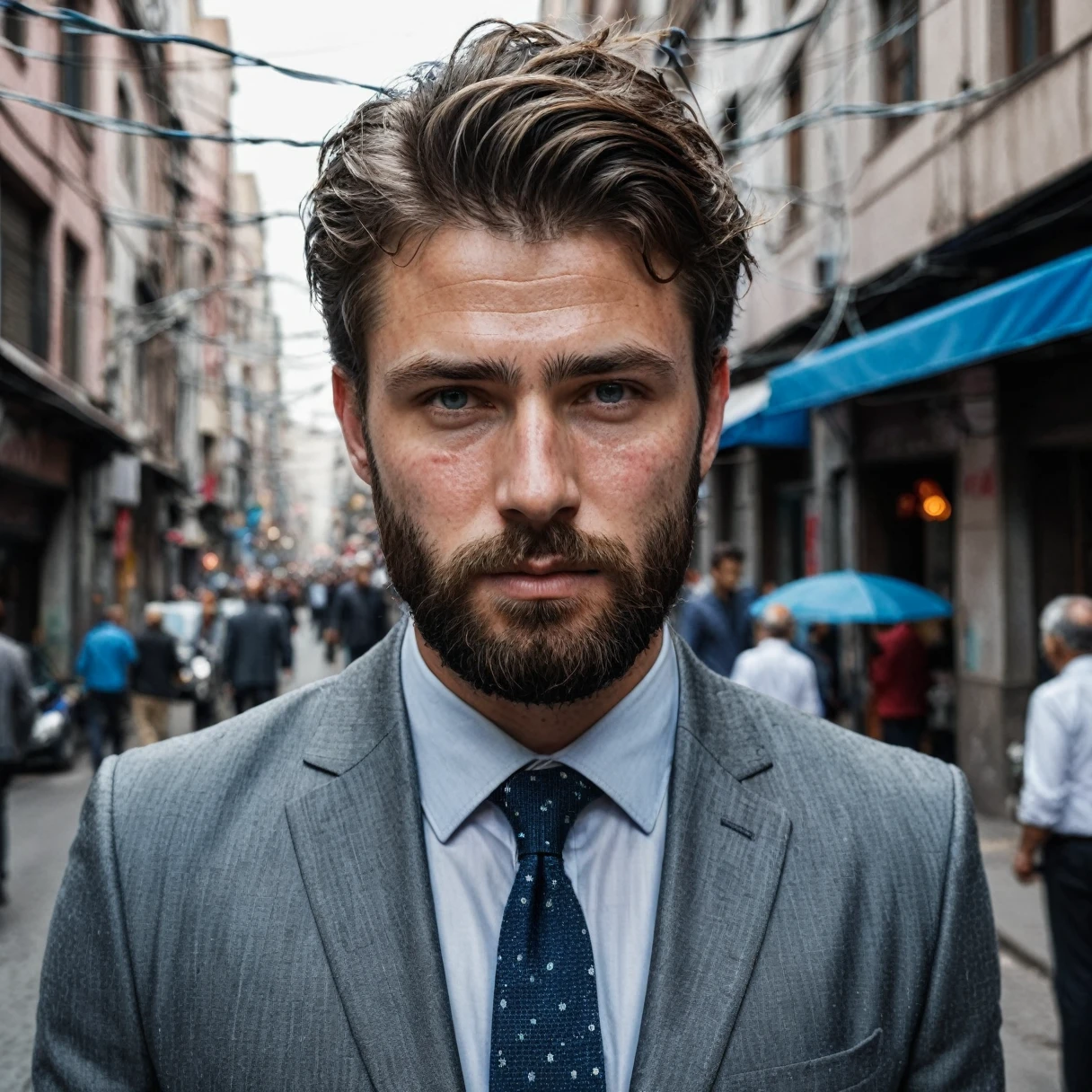 RAW photo, full body portrait of a beautiful man with a beard in a grey suite, he stands in a crowded street with tangled power cables, full sharp, detailed face, blue eyes, (high detailed skin:1.2), 8k uhd, dslr, soft lighting, high quality, film grain, Fujifilm XT3 dappled light on face, pale skin, skin pores, oiled shiny skin, skin blemish, imperfect skin, intricate skin details, visible skin detail, detailed skin texture, blush, wrinkles, vitiligo spots, moles, whiteheads, blackhead, white pimples, red pimples, beauty spot, skin fuzz, [[[[[freckles]]]]] (perfect eyes), ((perfect hands with four fingers and one thumb each))