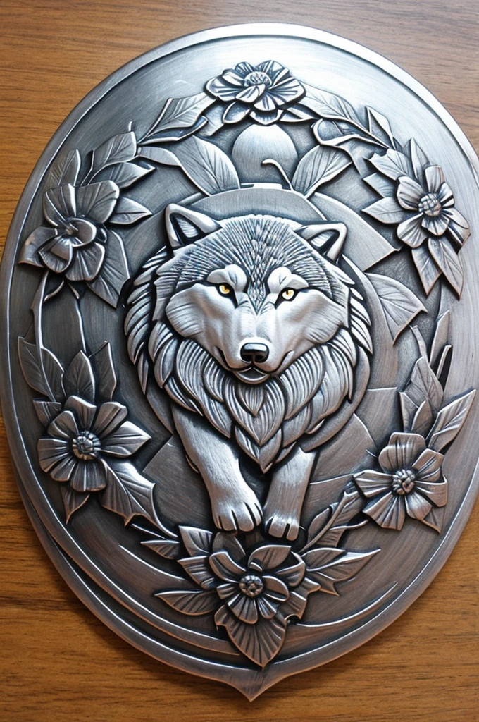 Make me a shield that has a winter wolf in the center and a peony flower in silver