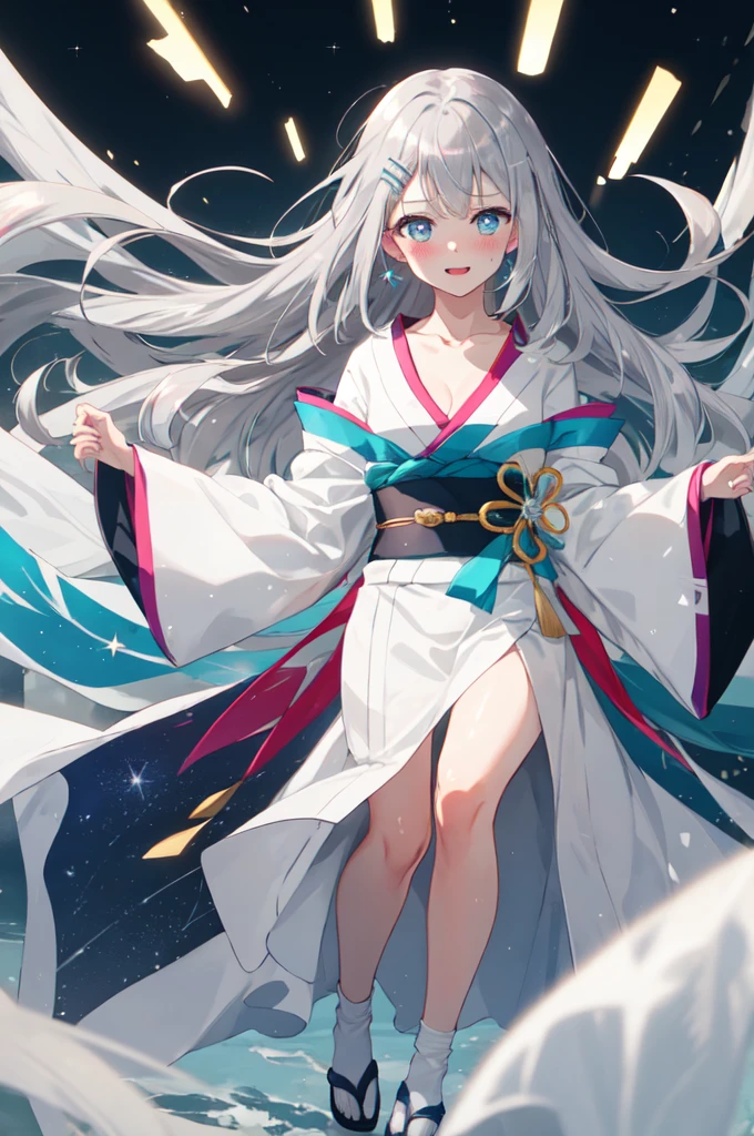 (8K, best quality, master piece: 1.2),super high resolution,1 girl, solo, full body ,ultra-detailed face, blush, ash hair, (silver gray hair:1.3), thin hair clip, cyan colorshift eyes, expressive eyes, collarbone, Ecstatic expression, Midnight, Shining stars and shooting stars, coastline, Colorful kimono,