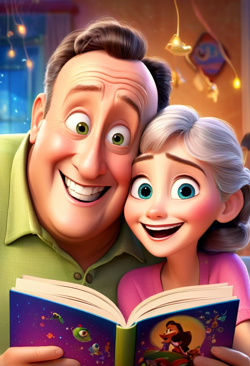 (wide range:1.2),(bright and vibrant colors), (high resolution), (realisitic:1.37), Disney Pixar Movie Poster, (arte de Kevin James), skinny, no muscle, (75 year old man and his grandson),grandmother and grandson, (beautiful detailed eyes:1.1), (beautiful detailed lips:1.1), smiling with a warm expression, (charming appearance:1.1), (professional lighting), (ultra-thin rendering), upper-body shot, (expressive facial features:1.1), reading a book to her son, (reading carefully:1.1), surrounded by magical elements representing different Pixar films, (dynamic composition), (whimsical details), (playful characters), vibrant background, full of color and joy, (3D rendering), (fantastic art style), (nostalgic aesthetic), (attention to the details:1.1).
