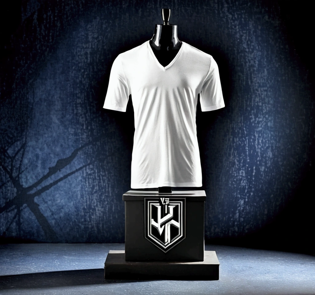 The image shows a mannequin dressed in a white shirt placed in front and behind a black V-neck background.