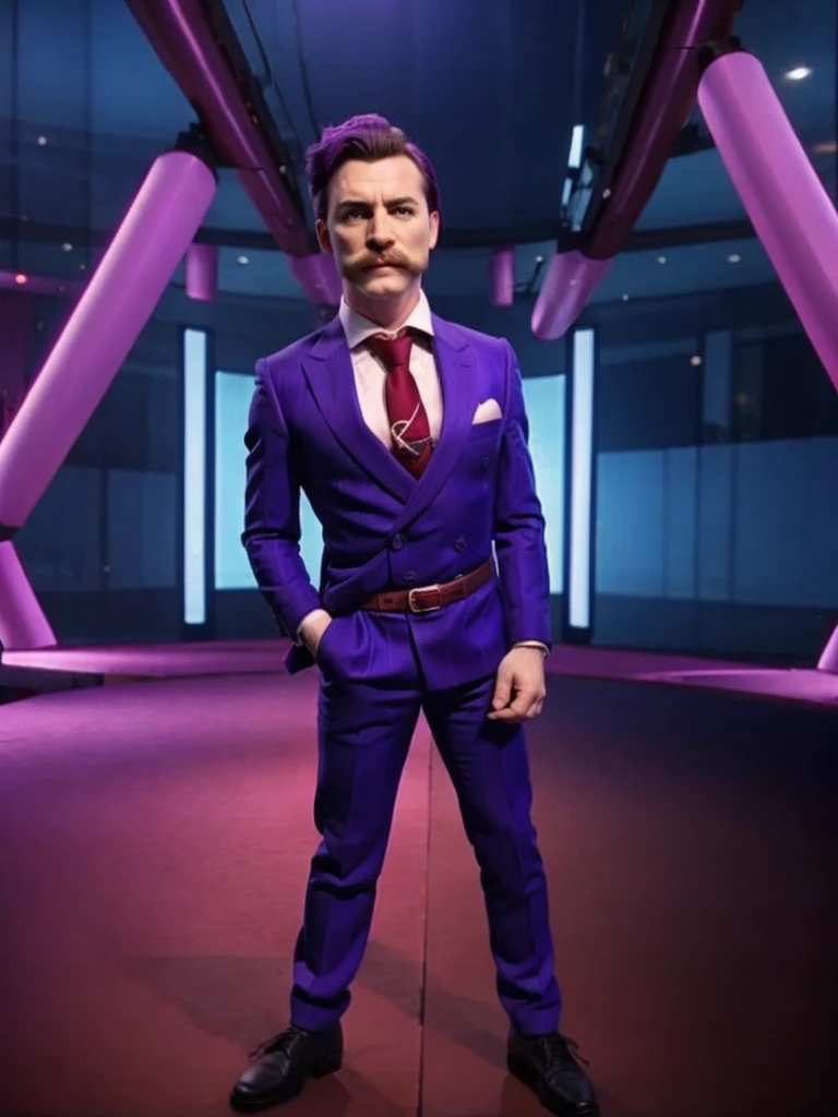  haltmann, purple hair, purple mustache, arms, wearing a dark blue suit with pink vertical lining, pink shirt, red tie, black shoes, gold suit button with a red diamond, pale purple gloves, pink cuffs, pale purple skin, blue eyes, golden earpiece with antenna