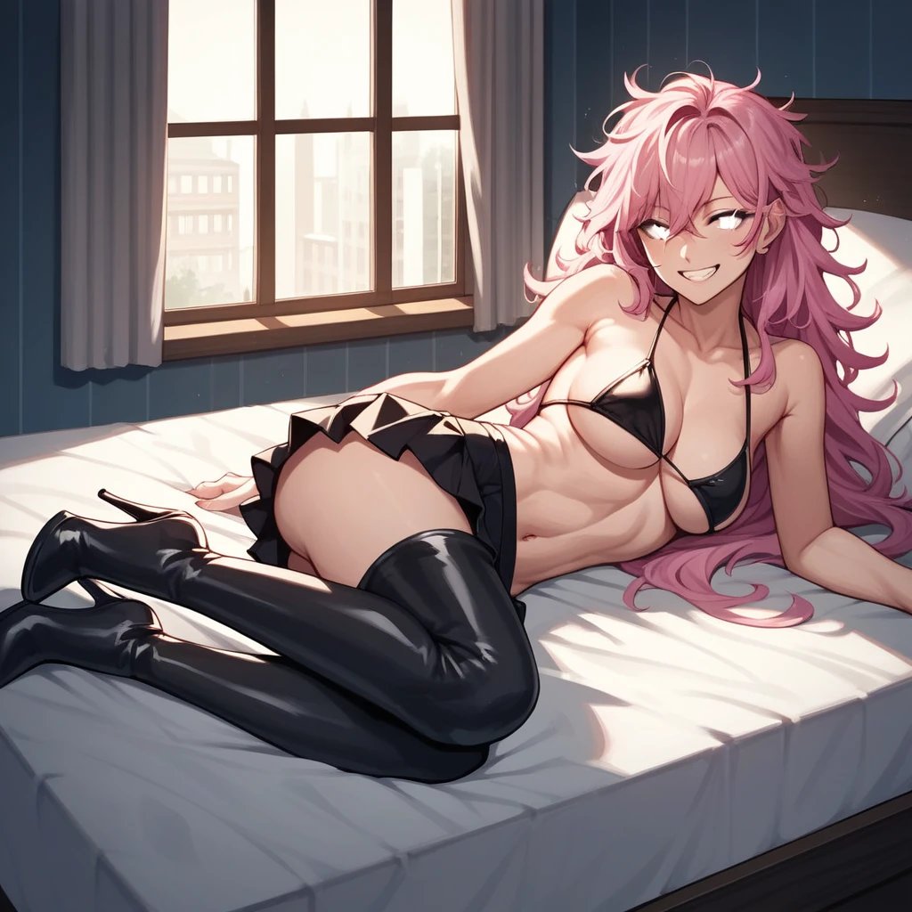 score_9, score_8_up, score_7_up, score_6_up, score_5_up, score_4_up, source_anime, 1girl,She was lying down, bed, Lie on your side, sexy pose, grin, smiles, pink hair, long hair, white eyes, messy hair, bikini, skirt, black thigh boots, heels, room, table, windows, night, best quality, best res, 4K UHD,