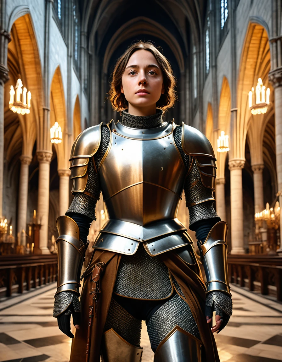 (best quality,4k,8k,highres,masterpiece:1.2),ultra-detailed,(realistic,photorealistic,photo-realistic:1.37), full body shot, Jeanne d'Arc, Joan of Arc, female knight standing inside a cathedral, short braided brown hair, historical accurate armour, heroic posture, standing, cinematic lighting, vibrant colors, great composition