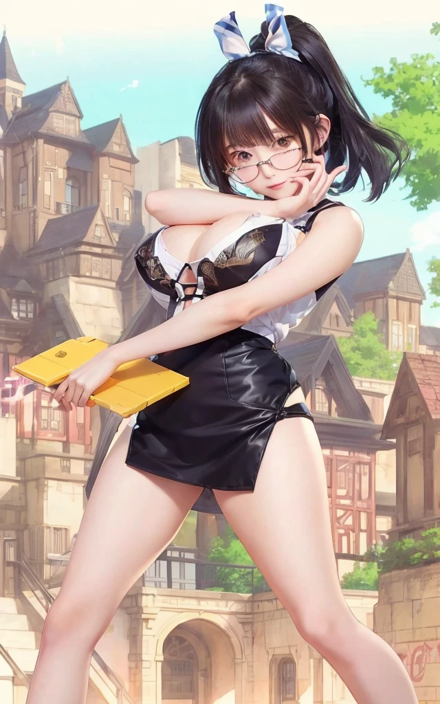 Anime girl in a short skirt holds a knife in front of a building., anime moe art style, Full picture of the short story!, Gouvice, Charming anime girl, Eiji anime style, Exaggerated , Kuchart Krenz Key Art Feminine, A very detailed RTM pathogen., , smooth cg anime art, very big breasts, realistically, Young woman, wear glasses