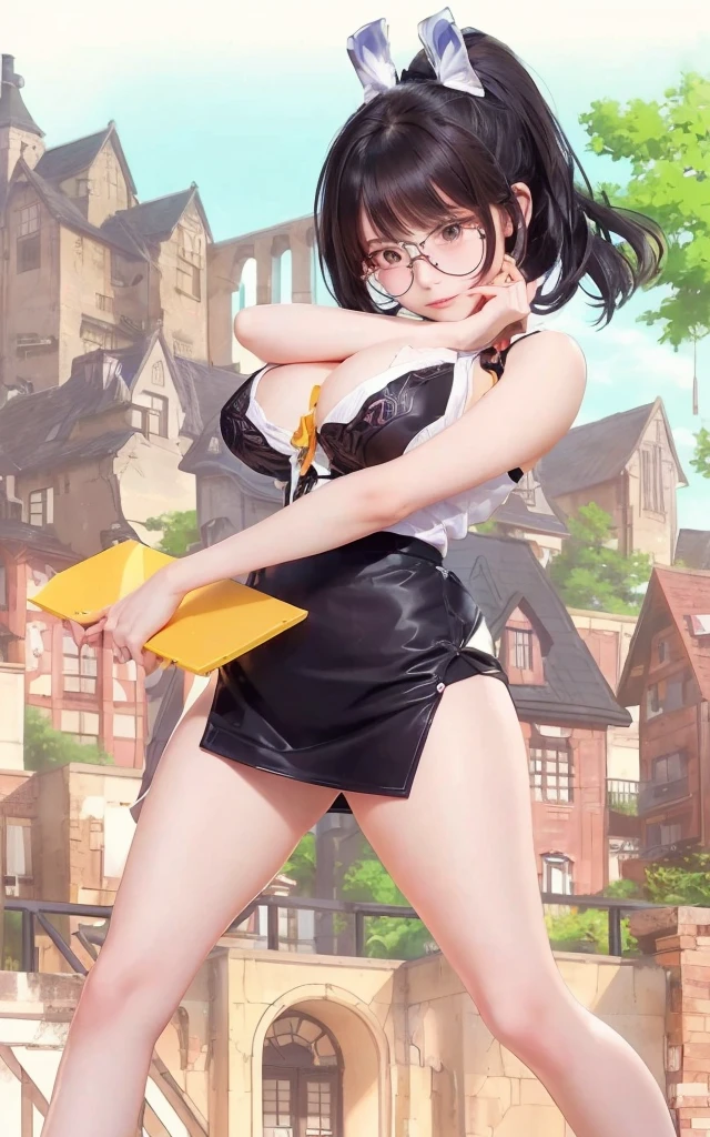 Anime girl in a short skirt holds a knife in front of a building., anime moe art style, Full picture of the short story!, Gouvice, Charming anime girl, Eiji anime style, Exaggerated , Kuchart Krenz Key Art Feminine, A very detailed RTM pathogen., , smooth cg anime art, very big breasts, realistically, Young woman, wear glasses