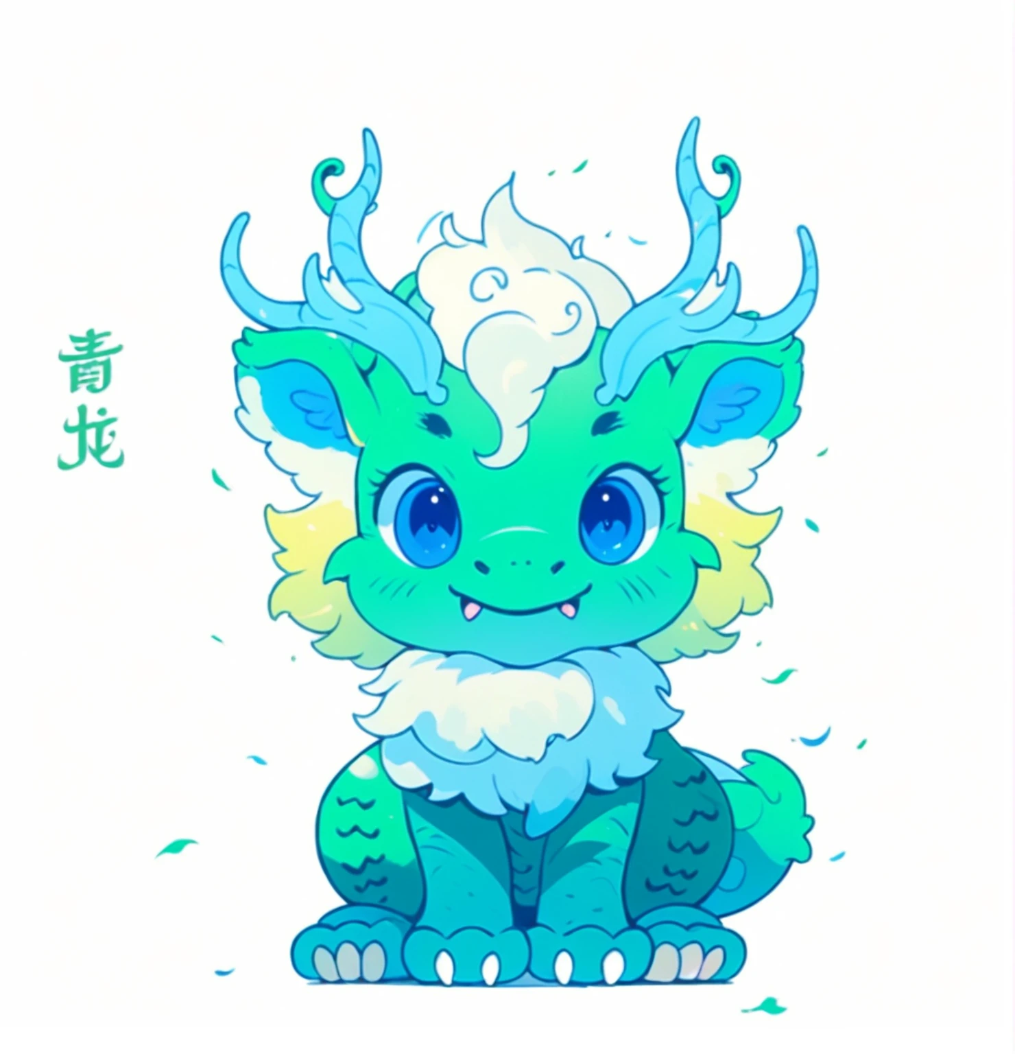 There is a painting,There is a dragon with a blue and white stripes in the painting,Have blue eyes, Cute little dragon, ,Rich colors,Cute Q version,