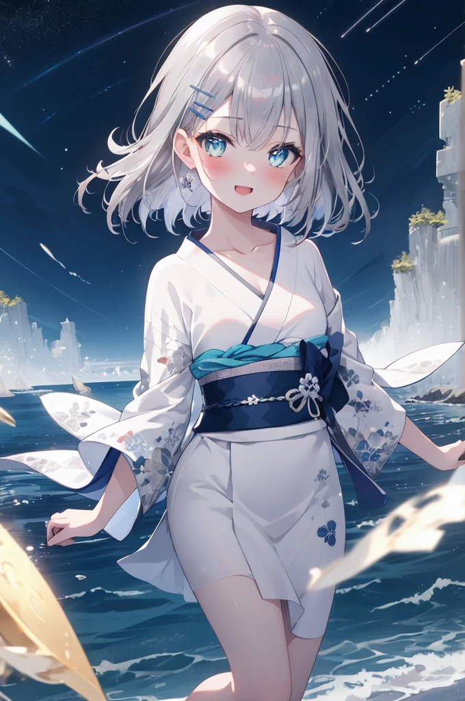 (8K, best quality, master piece: 1.2),super high resolution,1 girl, solo, full body ,ultra-detailed face, blush, ash hair, (silver gray hair:1.3), thin hair clip, cyan colorshift eyes, expressive eyes, collarbone, Ecstatic expression, Midnight, Shining stars and shooting stars, coastline, Colorful kimono,