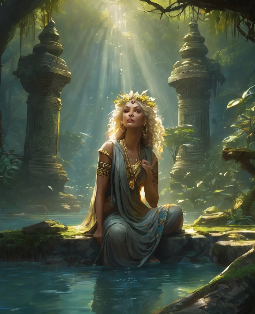 The thousand-year-old temple is dying, the jungle is swallowing it up again. The goddess Astartèe is no longer honored, the rites have disappeared, as have the offerings. the amazons guardians of the place, no longer needed, have left. the faithful no longer come to sacrifice themselves for her. only the old sage, timeless guardian of dogma mourns the departure of his young and very spiritual priestess, blonde with short curly hair and so beautiful who gave meaning to thelife of the community as well as the joy of being able to honor a unique spirit in a very hectic universe. the jungle takes over, the plants cling to the sculpted stones, the animals take over the holy places. silence is king, interrupted by the cries of birds and the sounds ofthe forest that mixes in the deep corridors. the sun diffuses a peaceful light through the branches and leaves of the shrubs which is reflected in the pools of stagnant water. the damp earth and moss-covered walls give off a smell of earth and mystery. something is missing ? old Acalt was right again, nothing is definitive in this world.